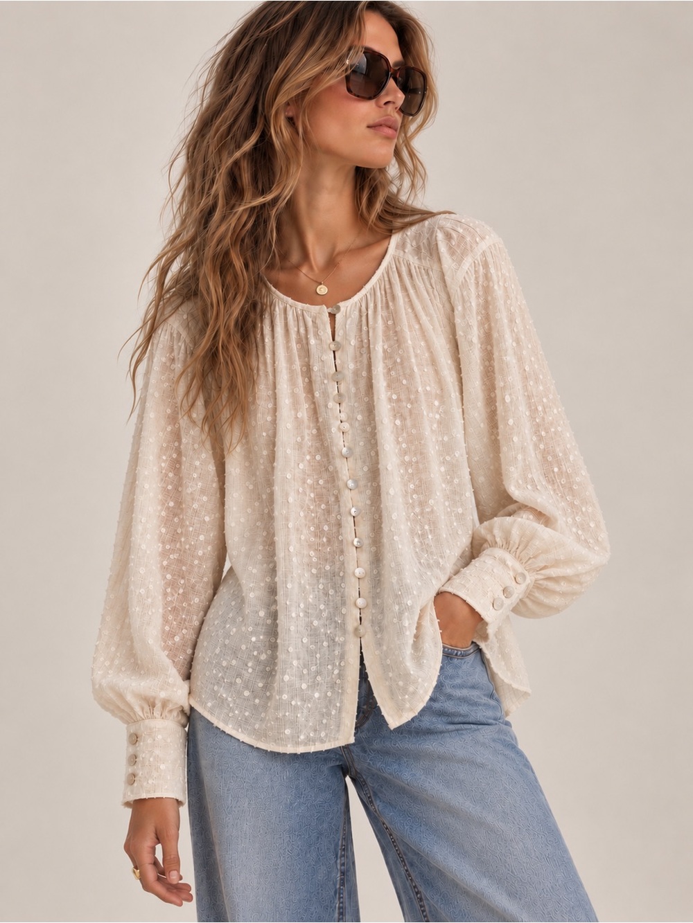 Zara Textured Swiss Dot Metallic Stripe Blouse Cream Size S Boho Romantic